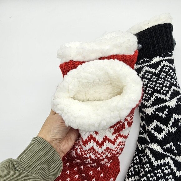 Joy Knit Sherpa Lined Slipper Sock Set Christmas Lounge Grippers Red Snow Black - Picture 3 of 13